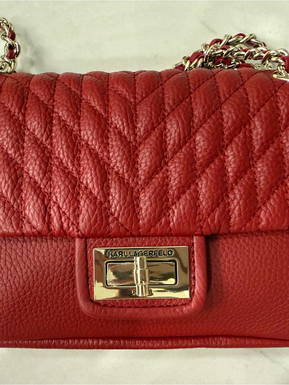 KARL LAGERFELD Quilted Red Leather Chain Shoulder Bag - Picture 6 of 10